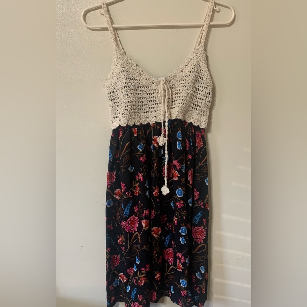 🦋Women’s Summer Dress, Floral Black Dress, Crochet Embroidered Size L